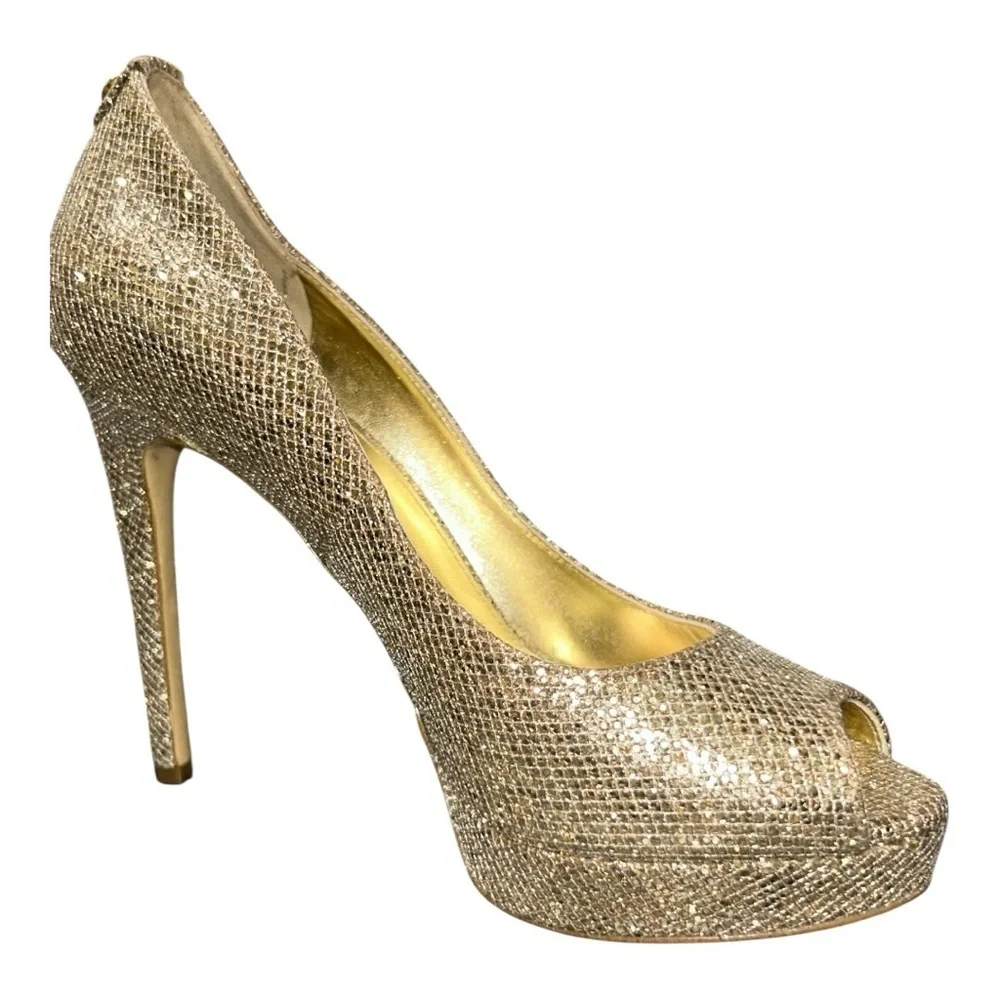 MICHAEL KORS Sparkling Gold Peep-Toe Heels excellent condition size 5 - Picture 4 of 14